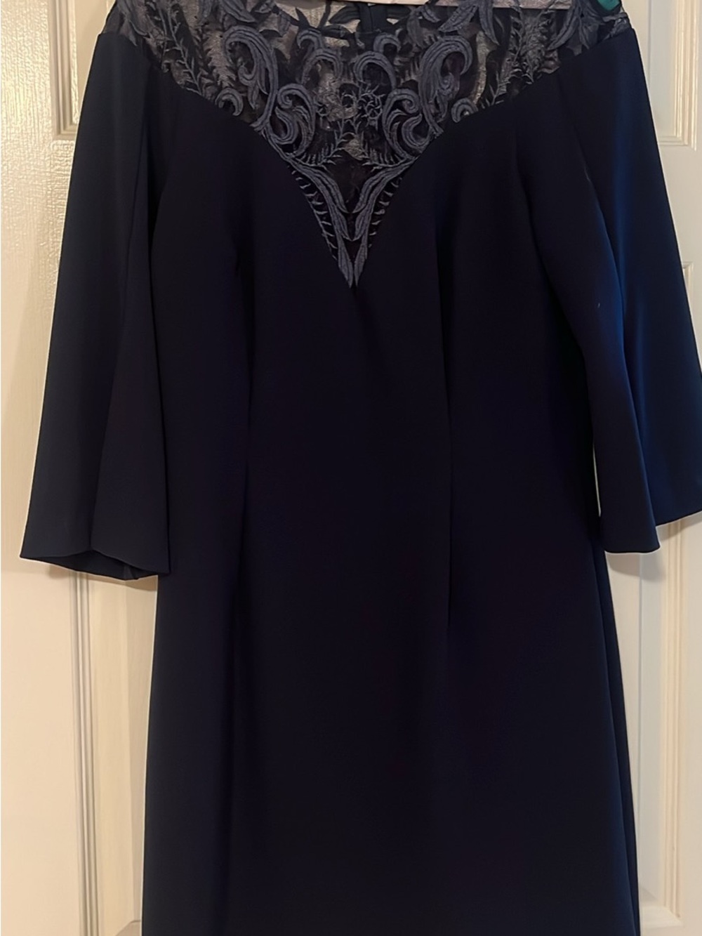 Adrianna Papell Navy Long-Sleeve Dress with Embroidered Illusion Yoke